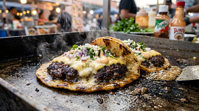 Smash burger taco on hot griddle at street food market