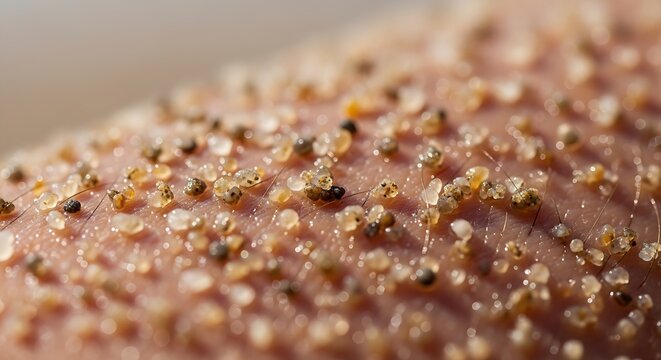 Bacteria on skin surface in macro view with sparkling dust-like particles for hygiene safety, health diagnostics, and medical research marketing