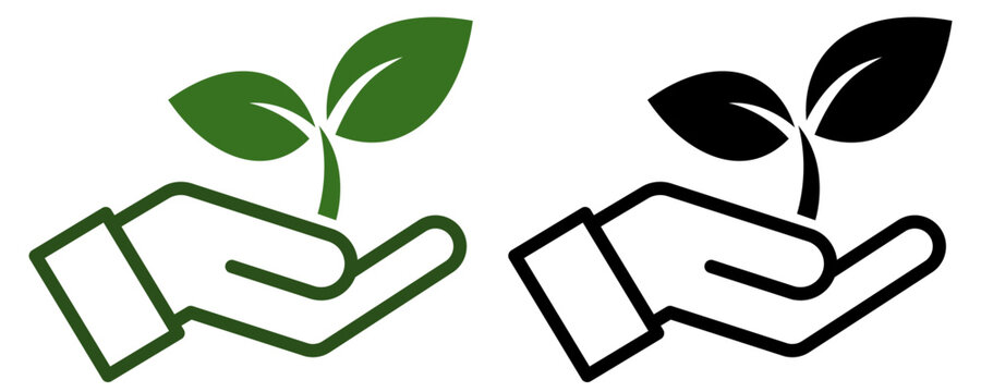 手のひらの植物アイコン 環境保護とサステナブルを表すエコ素材　Hand Holding Plant Icon Eco Care Sustainable Growth Symbol

