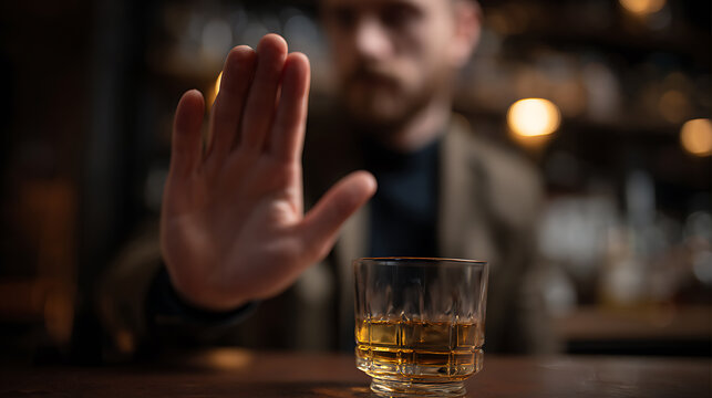 Man Refuses Beverage Offer with Hand Gesture, Promoting Sobriety and Healthy Choices in a Dark Bar Setting, Focus on Abstinence