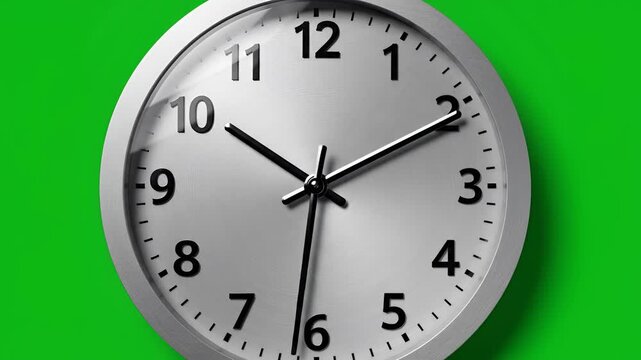 Closeup of a silver analog clock face against a vibrant green background.