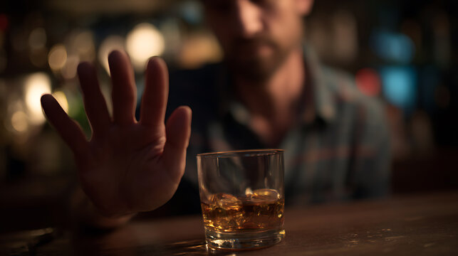 Man Refuse Drink at Bar Counter with Open Palm, Demonstrating Sobriety and Self-Control in a Dark and Atmospheric Setting, Focus on Healthy Choice