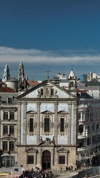 Blue Tile Church in Porto Portugal Aerial Cinematic View
