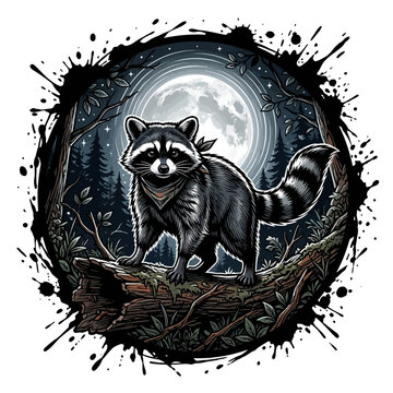 Raccoon standing on tree branch outdoors.