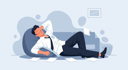 Fototapeta premium Businessman relaxing on beanbag chair surrounded by scattered papers, feeling stressed or tired