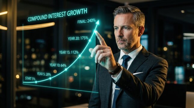 A businessman uses his finger to touch a holographic display showing growth in compound interest across multiple years in an office.