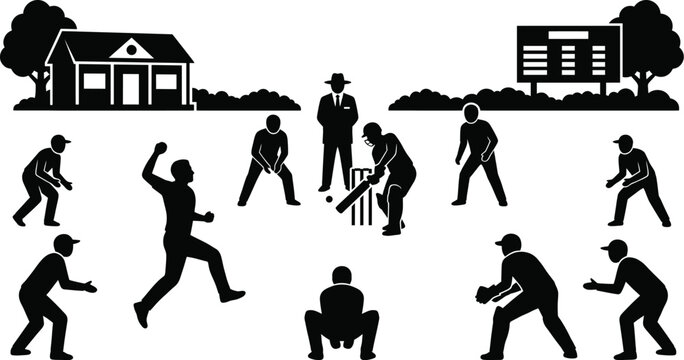 Summer bank holiday cricket match black silhouette vector illustration set