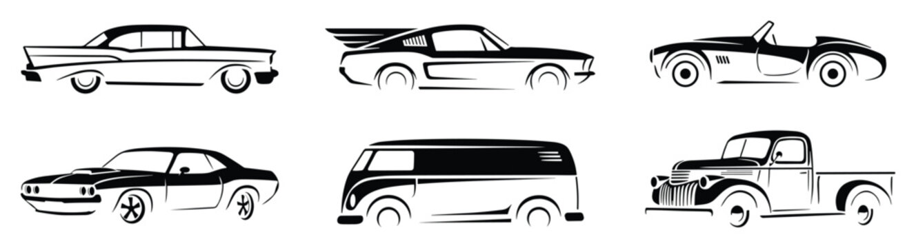 Black ink drawings of antique vehicles, motor enthusiasts