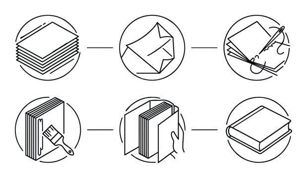 Book binding process outline icons set. making books.