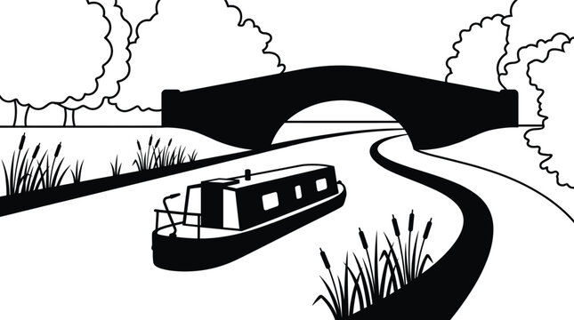 Summer bank holiday canal boat scene relaxing waterside illustration