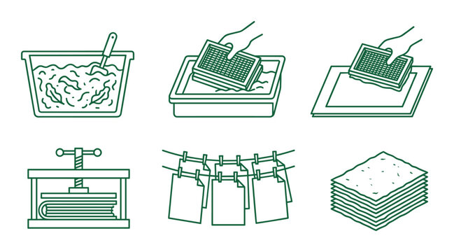Paper making process icons pulp pressing drying element