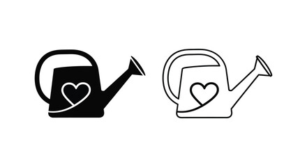 Minimalist watering can icons with heart symbol, black silhouette and outline garden tool vector set, flat gardening equipment for spring branding © Shanara