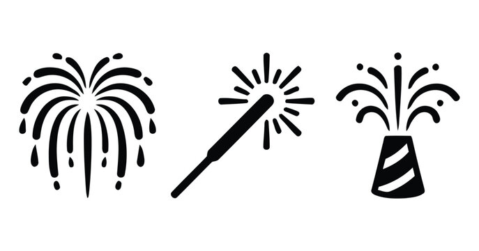 Fireworks silhouettes with sparklers and festive pyrotechnics on a white background