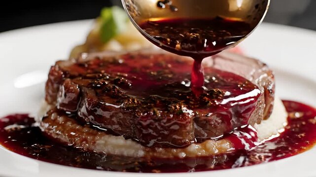 Gourmet Beef Dish with Rich Red Wine Sauce Being Poured.