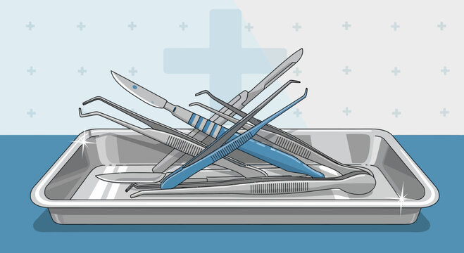 Surgical Instruments Tray: Scalpel, Forceps, Tweezers - Medical Tools