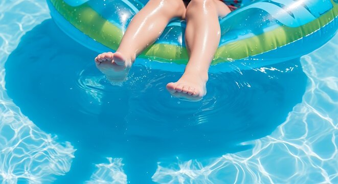Feet on inflatable pool float with green and blue stripes in clear water featuring summer fun, relaxation, vacation with holiday and leisure elements