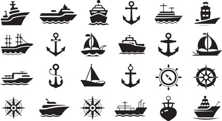 ship icon set featuring anchor, compass, sailboat, cargo vessel © AIcon Star