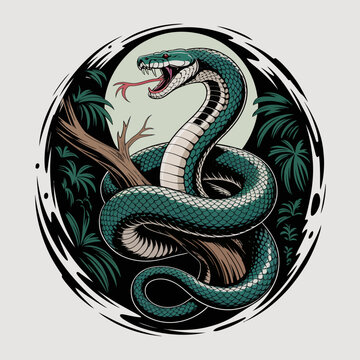 Green Snake on a Tree Branch.