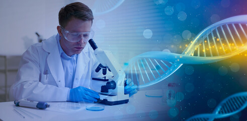 Research in genetics. Scientist working in laboratory, double exposure with DNA strands