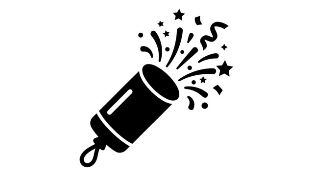 Celebration party popper icon with exploding confetti and stars, festive event symbol, isolated on white background