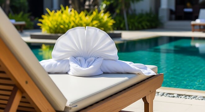 Towel art creation in the shape of a fan and heart placed on a wooden lounge chair by an inviting turquoise swimming pool, symbolizing luxury