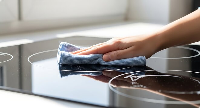 Hand Cleaning Stovetop With Cloth.