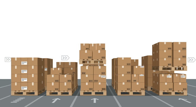 Warehouse storage, stacked cardboard boxes on pallets, logistics and distribution concept