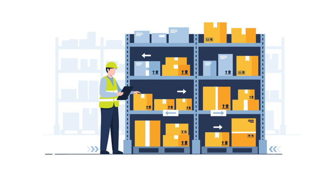 Warehouse worker checking inventory on shelves with boxes and pallets, logistics concept