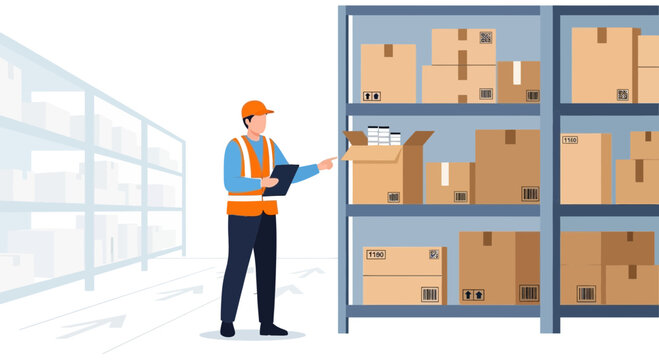 Warehouse worker in safety vest checking inventory on shelves with boxes