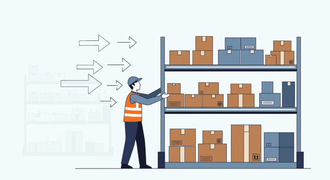 Warehouse worker organizing boxes on shelves, logistics and supply chain concept