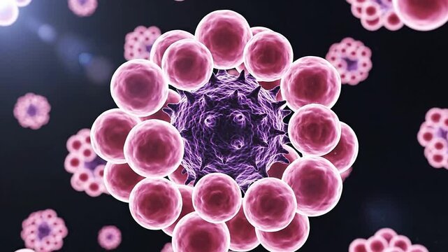 Intricate Close-Up View of a Virus Structure Showcasing Detailed Pink and Purple Spheres Against a Dark Background for Scientific and Medical Use