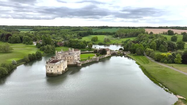 Leeds Castle from a drone, River Len, Kent, England