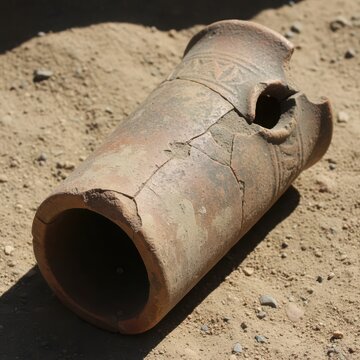 Old broken clay pipe lying on the dry ground in the desert