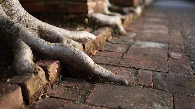 Strong tree roots snake along ancient brick path, intertwining with the old masonry, creating a natural, weathered texture and organic pattern
