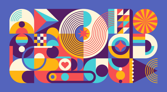 Retro geometric abstract design with colorful shapes, circular elements, and futuristic vintage-inspired patterns.