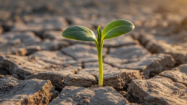 Small green sprout growing through cracked dry earth at sunset