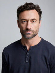 Fototapeta premium Portrait of a middle aged man with short dark chestnut hair neatly trimmed stubble defining the jawline