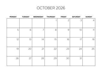 October 2026 Minimalist Wall Calendar Page Corporate Project Management Layout © vector_master