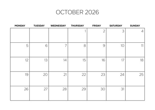 October 2026 Minimalist Wall Calendar Page Corporate Project Management Layout