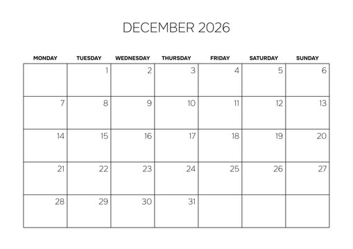 December 2026 Blank Monthly Planner Grid Clean Business Calendar Template