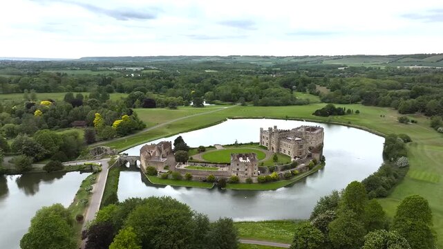 Leeds Castle from a drone, River Len, Kent, England