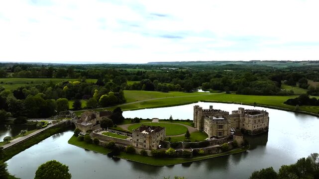 Leeds Castle from a drone, River Len, Kent, England