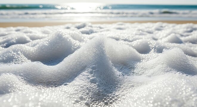 Ocean waves crashing with sparkling sea foam on beach shore, inspiring calm travel mood and nature background for marketing