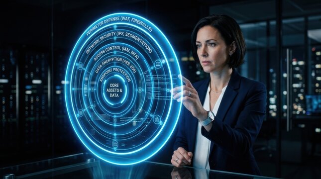 Business professional interacts with a holographic cybersecurity shield in a contemporary office space focused on protecting data and assets.