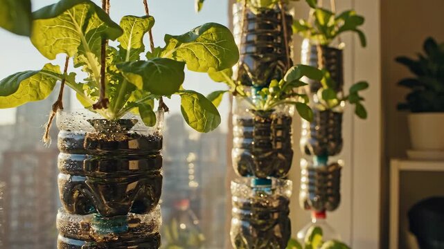 Green plants growing in recycled plastic bottles on sunny windowsill. Perfect for sustainability, urban farming, DIY projects, and eco-friendly lifestyle content, indoor cultivation