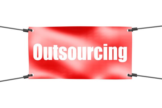 Outsourcing word with red banner