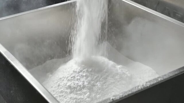 Close-Up Of White Powder Being Poured Into Stainless Steel Sink Creating Bubbles And Fine Particles