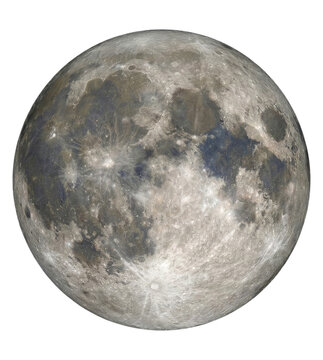 Detailed full moon on a transparent background showing lunar surface, craters, mare, ejecta rays and fine surface texture