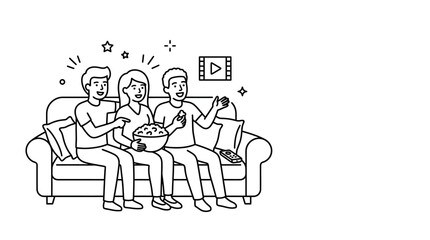 Fototapeta premium Three friends sitting on a sofa eating popcorn and watching a movie.