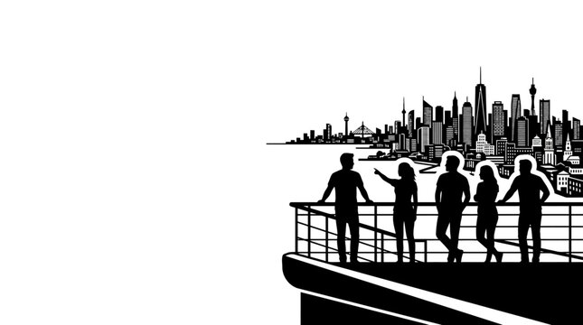 Silhouette of a group of friends standing on a balcony overlooking a city skyline.